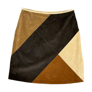 Vintage Y2K Patchwork Suede Leather Skirt 10 Brown Tan Penny Lane Boho New